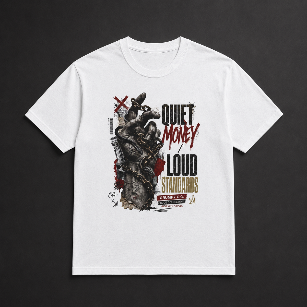 White Quiet Wealth™ Tee featuring a silent-money graphic with chain details, red accents and pressure-built artwork from The Code Collection.