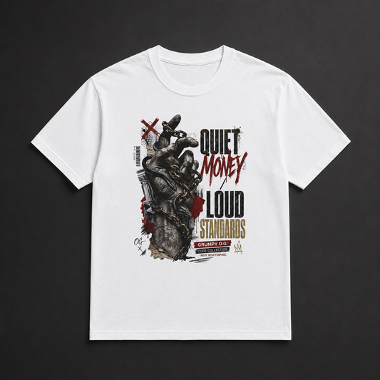 White Quiet Wealth™ Tee featuring a silent-money graphic with chain details, red accents and pressure-built artwork from The Code Collection.