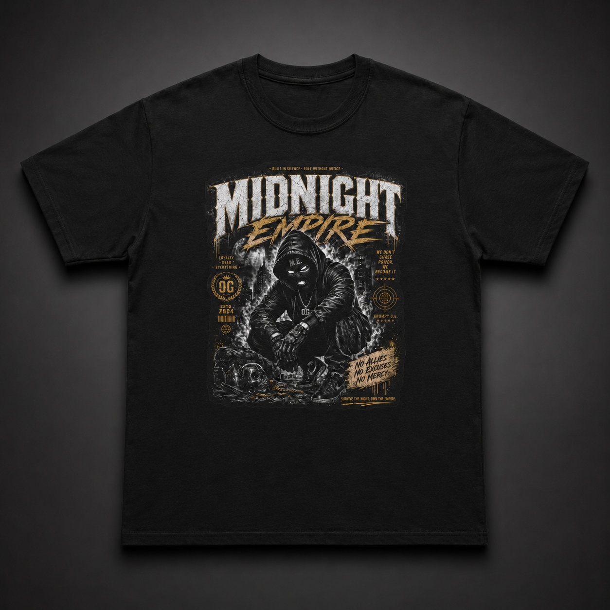 Black Rule Without Notice™ Tee featuring black and gold empire-inspired graphic artwork with premium luxury streetwear styling.
