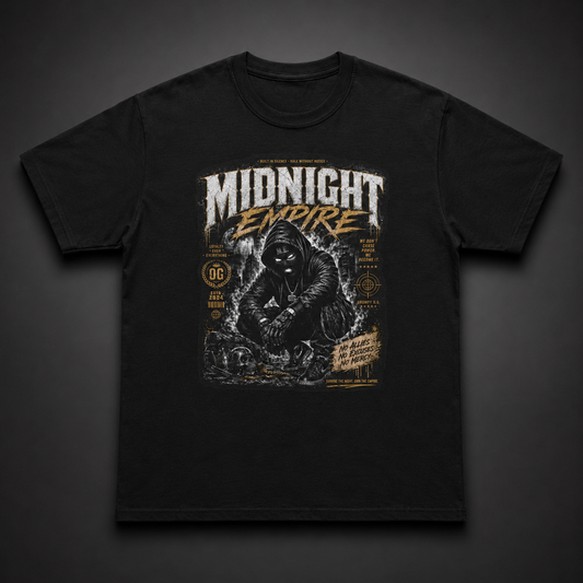 Black Rule Without Notice™ Tee featuring black and gold empire-inspired graphic artwork with premium luxury streetwear styling.