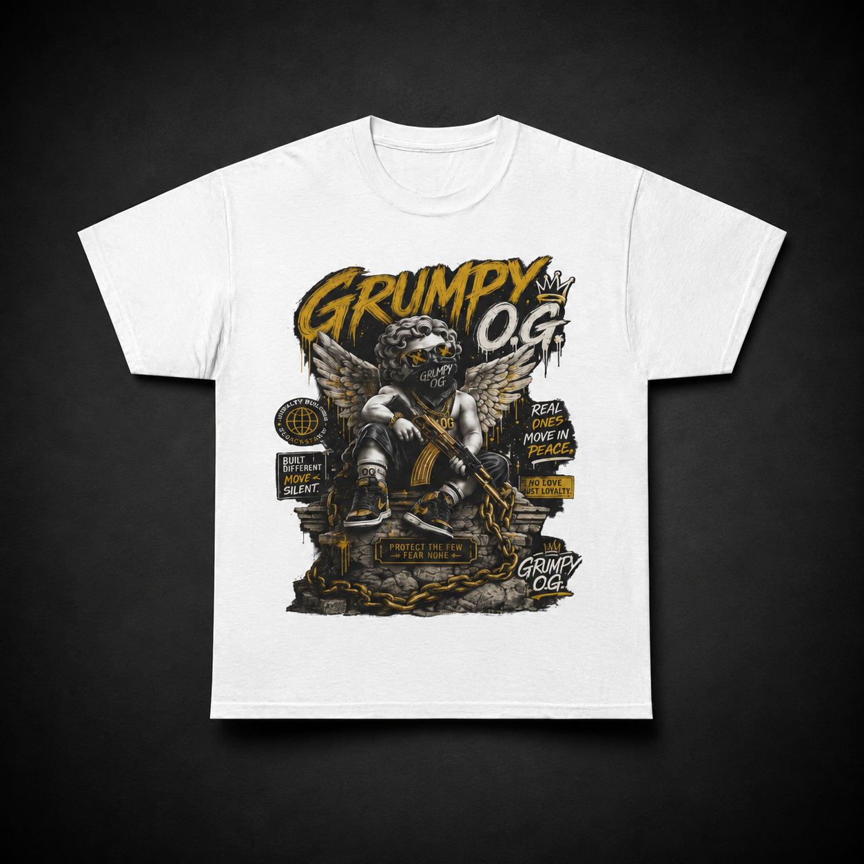 White Rule Without Notice™ Tee featuring bold black and gold typography, quiet-power messaging and premium streetwear artwork on the front.