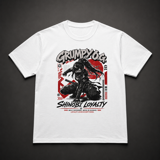 Shinobi Loyalty white tee featuring a masked warrior with a sword, red geometric artwork and Loyalty Over Everything message.
