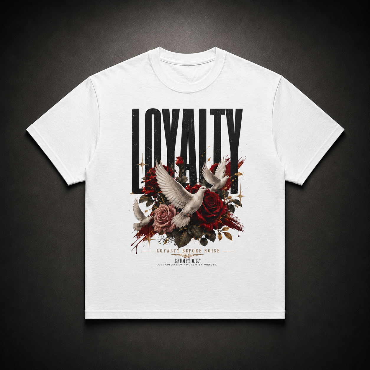 White Silent Vow™ Tee featuring a loyalty-inspired graphic with doves, roses, gold accents and quiet-strength streetwear artwork on the front.