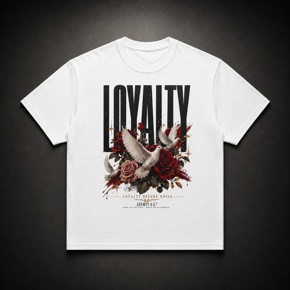 White Silent Vow™ Tee featuring a loyalty-inspired graphic with doves, roses, gold accents and quiet-strength streetwear artwork on the front.