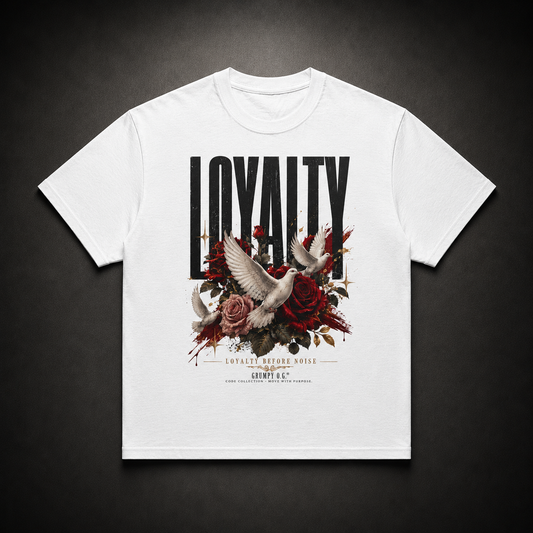 White Silent Vow™ Tee featuring a loyalty-inspired graphic with doves, roses, gold accents and quiet-strength streetwear artwork on the front.