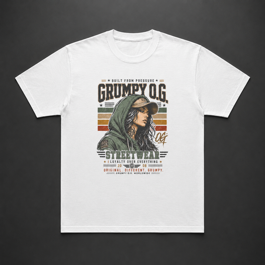 White Street Forged™ Tee featuring vintage olive, tan and black streetwear artwork with rugged lettering and pressure-built details on the front.