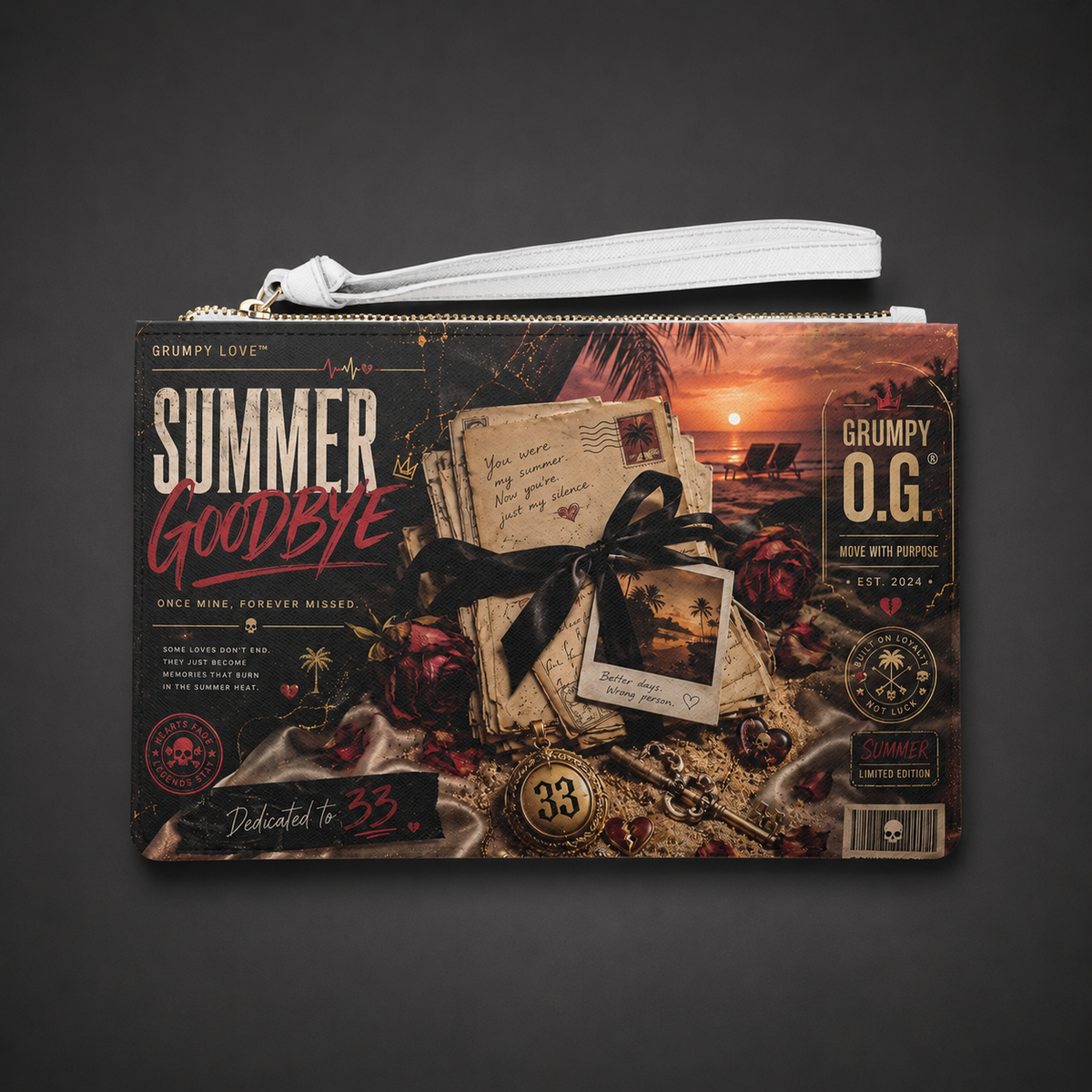 Summer 33™ Clutch featuring a dark romantic summer design with roses, memorial details and Grumpy Love™ collection artwork.