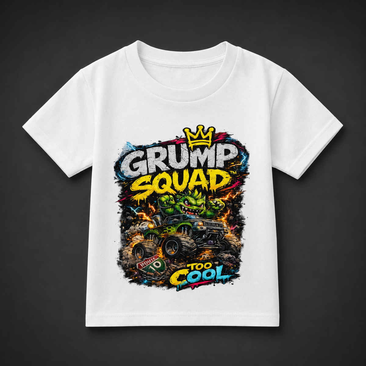 White Too Cool kids tee with Grump Squad lettering, a yellow crown, green monster-truck characters, monster trucks, and colorful graphic details.